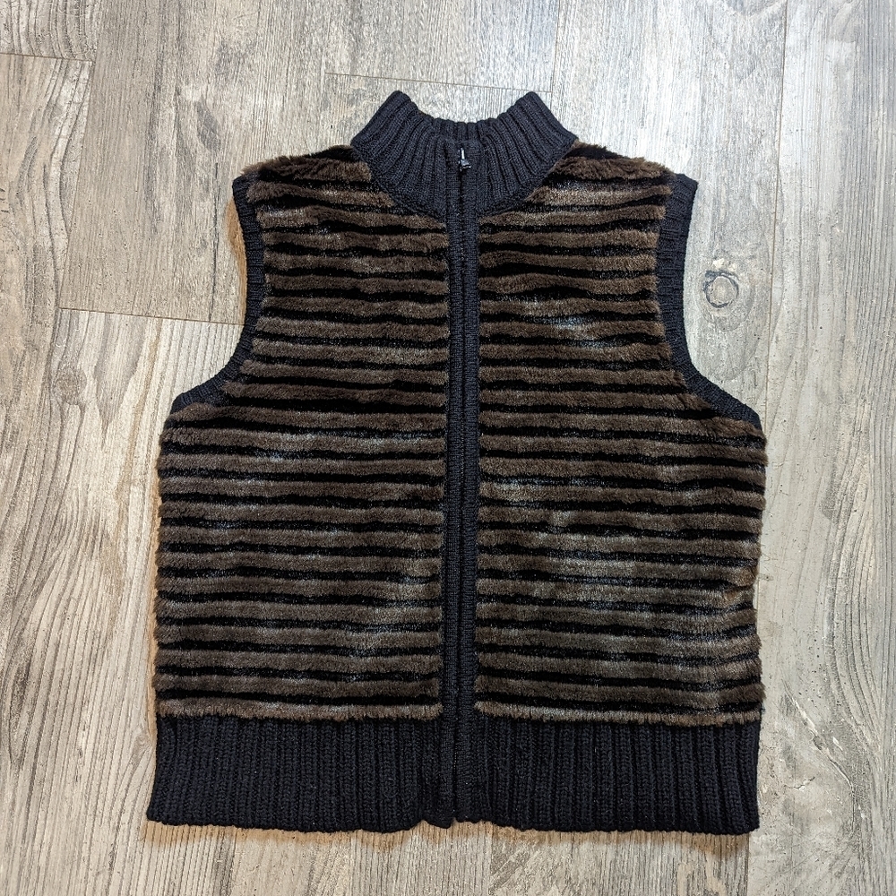 Nina Leonard‎ women's faux fur wool blend sweater vest brown black size S
